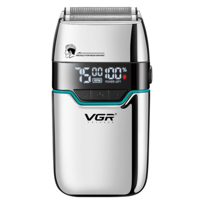 ماشین اصلاح موی صورت شارژی وی جی ار مدل V-350 با تیغه تیتانیوم، اصلاح صفر میلی‌متر، باتری لیتیومی 1200 میلی‌آمپر، نمایشگر LED و قابلیت استفاده خشک و مرطوب